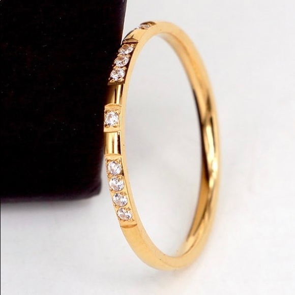 Titanium Steel 14K Gold Plated Cubic Zirconia Dainty Minimalist Band Ring - Picture 8 of 12
